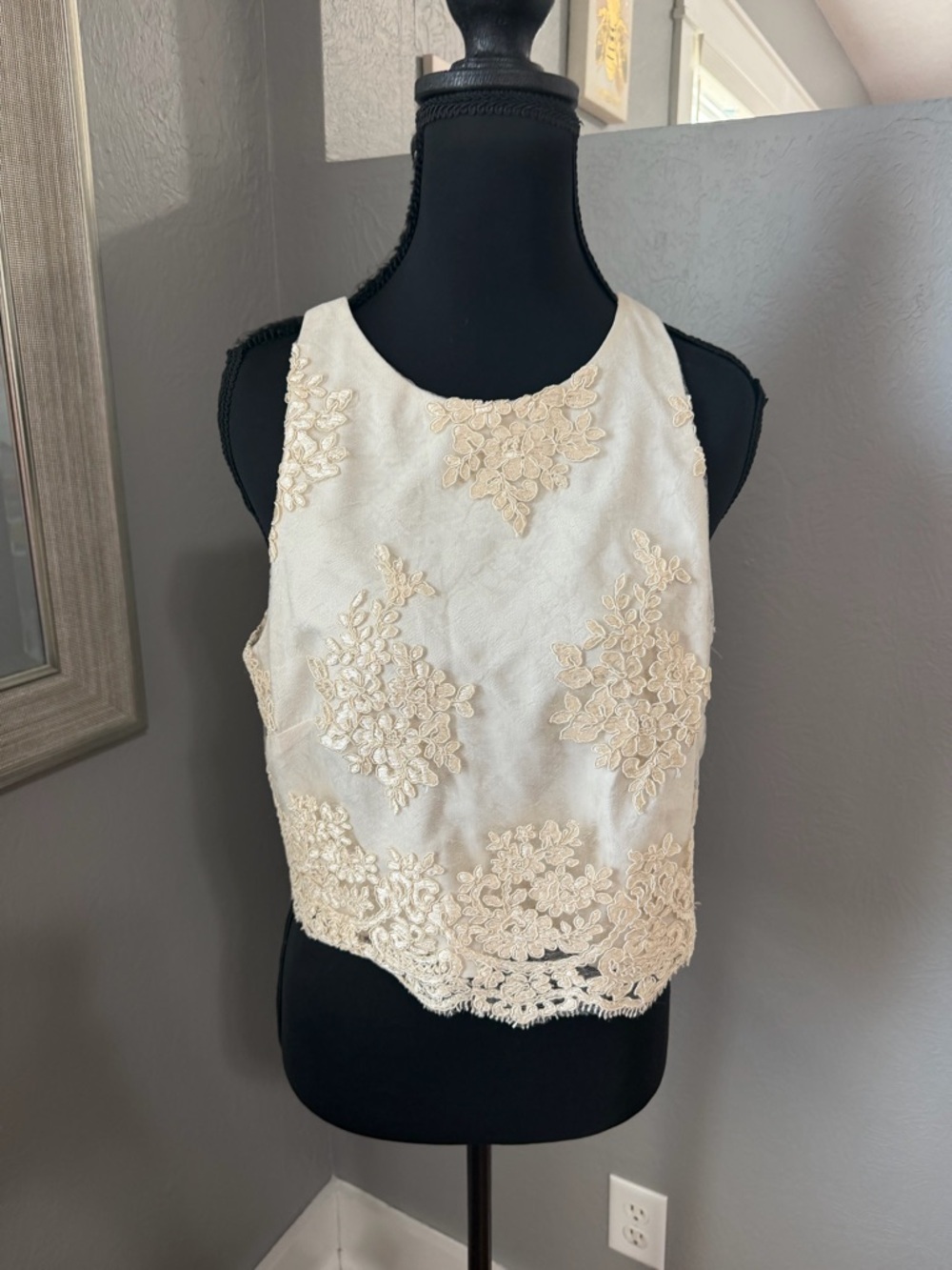 Donna Morgan x Anthropologie ivory embroidered lace crop top size 8.